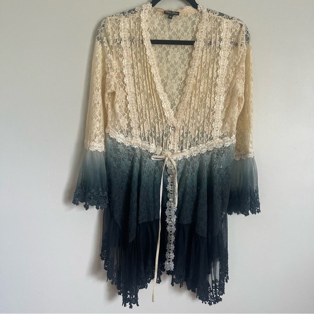 Dor Dor Couture Women's Ombré Lace Sheer Tie Button Front Cardigan Kimono Sz M